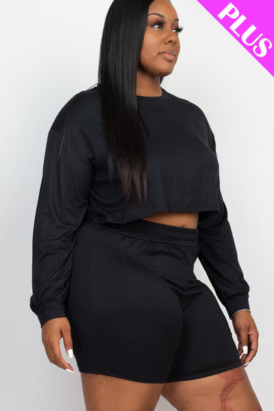 Plus Size Long Sleeve Crop Top & Shorts Set (collective) - 1Caribbeanmall