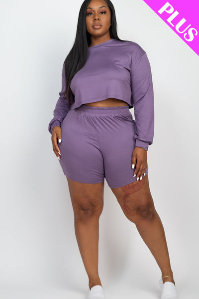 Plus Size Long Sleeve Crop Top & Shorts Set (collective) - 1Caribbeanmall