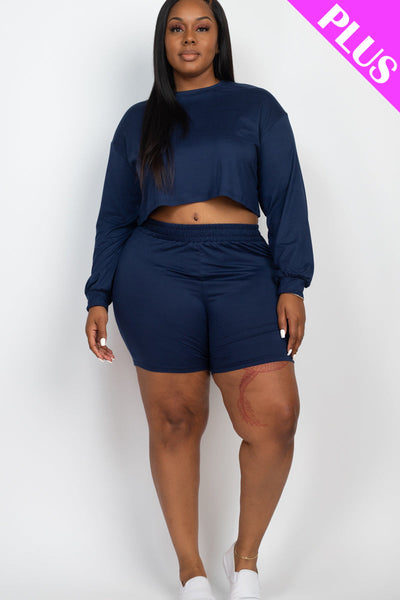 Plus Size Long Sleeve Crop Top & Shorts Set (collective) - 1Caribbeanmall