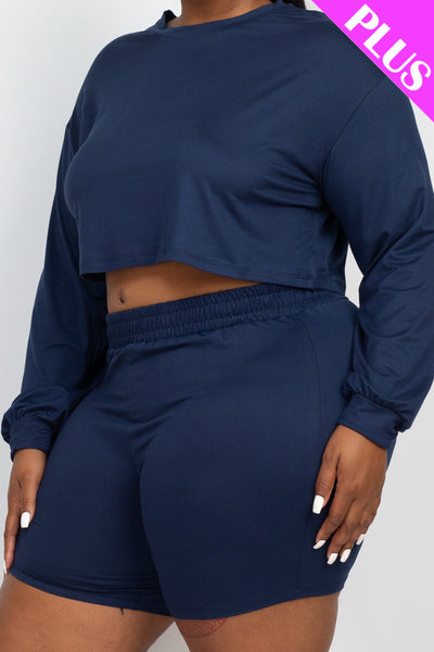 Plus Size Long Sleeve Crop Top & Shorts Set (collective) - 1Caribbeanmall