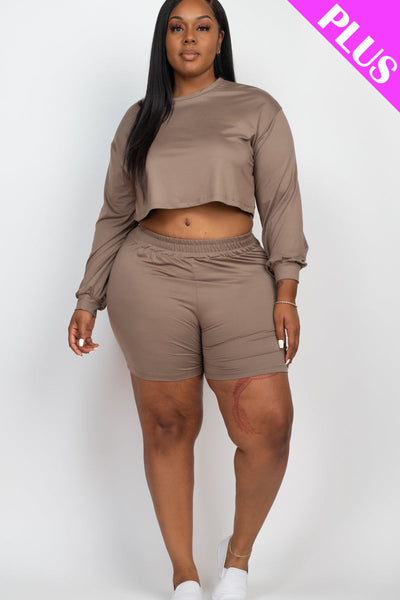 Plus Size Long Sleeve Crop Top & Shorts Set (collective) - 1Caribbeanmall