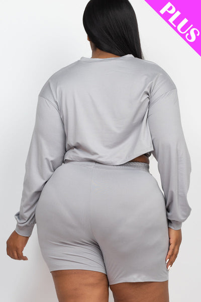 Plus Size Long Sleeve Crop Top & Shorts Set (collective) - 1Caribbeanmall