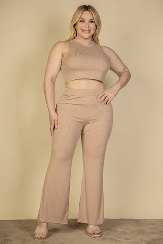 Plus Size Ribbed Mock Neck Crop Tank Top& Bootcut Pants Set (CAPELLA) - 1Caribbeanmall