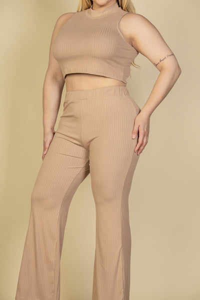 Plus Size Ribbed Mock Neck Crop Tank Top& Bootcut Pants Set (CAPELLA) - 1Caribbeanmall