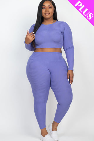 Plus Size Ribbed Long Sleeve Crop Top & Leggings Set (collective) - 1Caribbeanmall