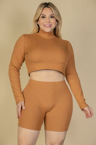Plus Size Ribbed Mock Neck Crop Top & Shorts Set (collective) - 1Caribbeanmall