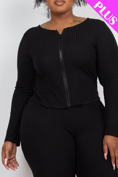 Plus Size Ribbed Zip Front Long Sleeve Top & Leggings Set (CAPELLA) - 1Caribbeanmall