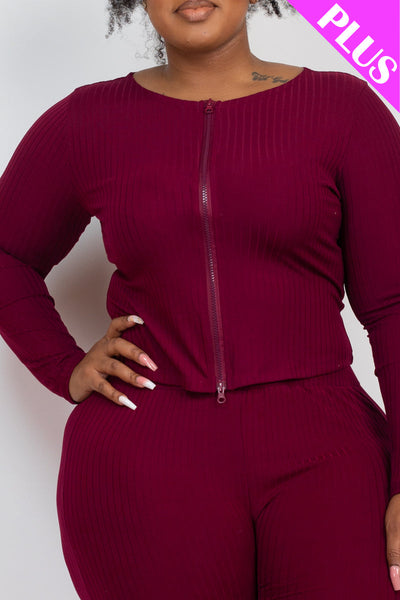 Plus Size Ribbed Zip Front Long Sleeve Top & Leggings Set (CAPELLA) - 1Caribbeanmall