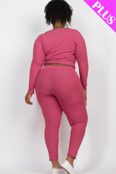 Plus Size Ribbed Zip Front Long Sleeve Top & Leggings Set (CAPELLA) - 1Caribbeanmall