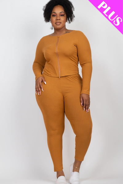 Plus Size Ribbed Zip Front Long Sleeve Top & Leggings Set (CAPELLA) - 1Caribbeanmall