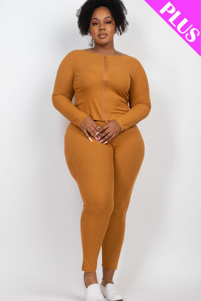 Plus Size Ribbed Zip Front Long Sleeve Top & Leggings Set (CAPELLA) - 1Caribbeanmall