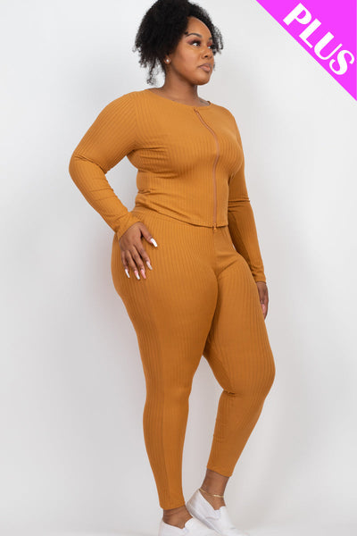 Plus Size Ribbed Zip Front Long Sleeve Top & Leggings Set (CAPELLA) - 1Caribbeanmall