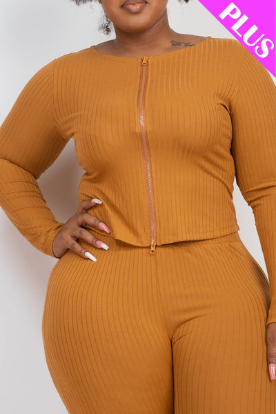 Plus Size Ribbed Zip Front Long Sleeve Top & Leggings Set (CAPELLA) - 1Caribbeanmall