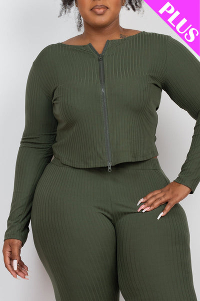 Plus Size Ribbed Zip Front Long Sleeve Top & Leggings Set (CAPELLA) - 1Caribbeanmall