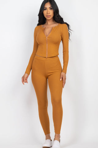 Ribbed Zip Front Long Sleeve Top & Leggings Set (CAPELLA) - 1Caribbeanmall