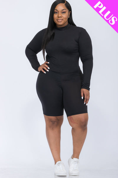 Plus Size Mock Neck Long Sleeve Top & Biker Shorts Set (collective) - 1Caribbeanmall