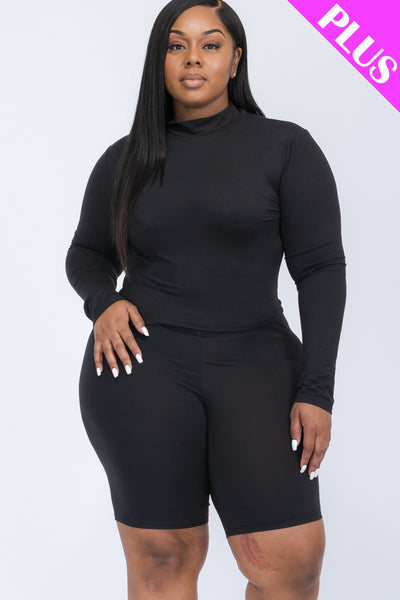 Plus Size Mock Neck Long Sleeve Top & Biker Shorts Set (collective) - 1Caribbeanmall