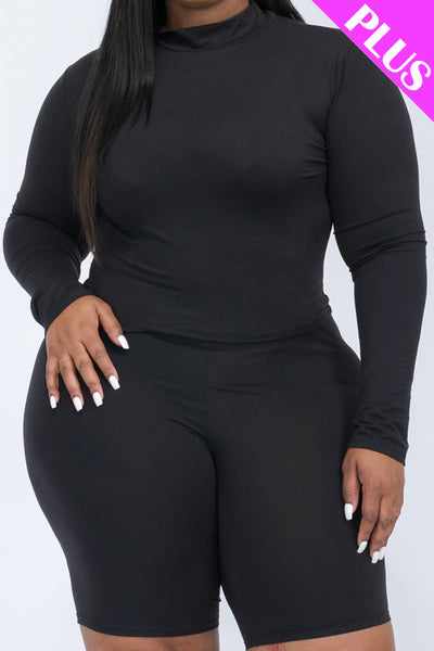 Plus Size Mock Neck Long Sleeve Top & Biker Shorts Set (collective) - 1Caribbeanmall