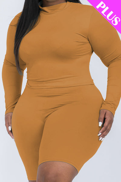 Plus Size Mock Neck Long Sleeve Top & Biker Shorts Set (collective) - 1Caribbeanmall