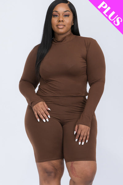 Plus Size Mock Neck Long Sleeve Top & Biker Shorts Set (collective) - 1Caribbeanmall