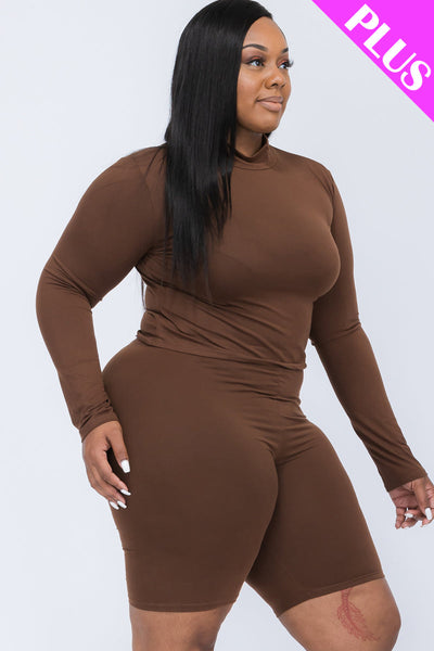 Plus Size Mock Neck Long Sleeve Top & Biker Shorts Set (collective) - 1Caribbeanmall