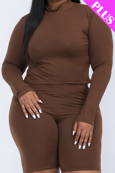 Plus Size Mock Neck Long Sleeve Top & Biker Shorts Set (collective) - 1Caribbeanmall