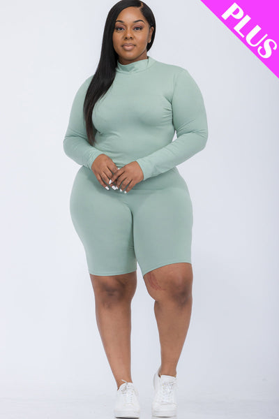 Plus Size Mock Neck Long Sleeve Top & Biker Shorts Set (collective) - 1Caribbeanmall