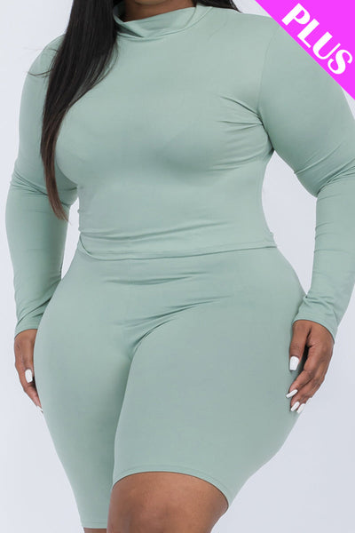 Plus Size Mock Neck Long Sleeve Top & Biker Shorts Set (collective) - 1Caribbeanmall