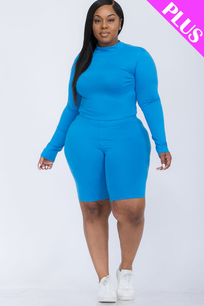 Plus Size Mock Neck Long Sleeve Top & Biker Shorts Set (collective) - 1Caribbeanmall