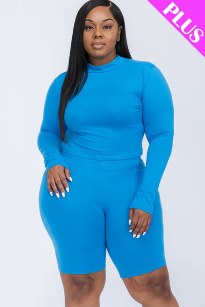 Plus Size Mock Neck Long Sleeve Top & Biker Shorts Set (collective) - 1Caribbeanmall