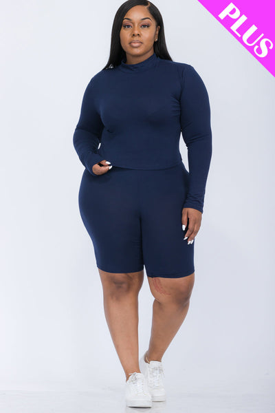 Plus Size Mock Neck Long Sleeve Top & Biker Shorts Set (collective) - 1Caribbeanmall