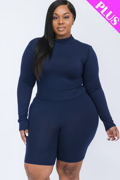 Plus Size Mock Neck Long Sleeve Top & Biker Shorts Set (collective) - 1Caribbeanmall