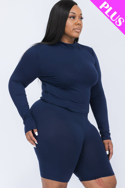 Plus Size Mock Neck Long Sleeve Top & Biker Shorts Set (collective) - 1Caribbeanmall