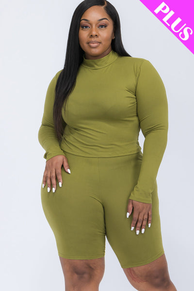 Plus Size Mock Neck Long Sleeve Top & Biker Shorts Set (collective) - 1Caribbeanmall