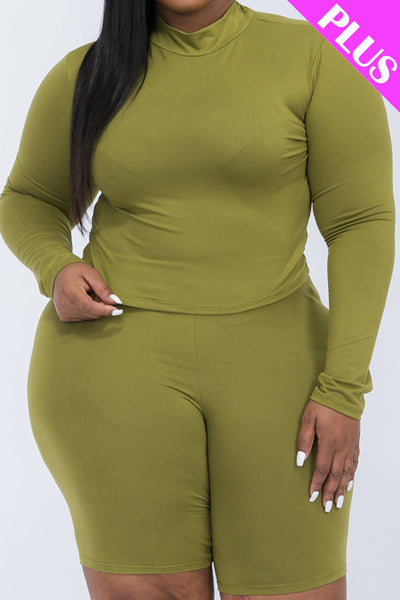 Plus Size Mock Neck Long Sleeve Top & Biker Shorts Set (collective) - 1Caribbeanmall