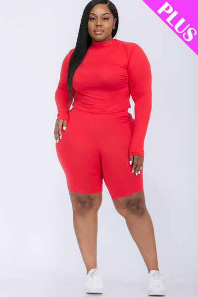 Plus Size Mock Neck Long Sleeve Top & Biker Shorts Set (collective) - 1Caribbeanmall