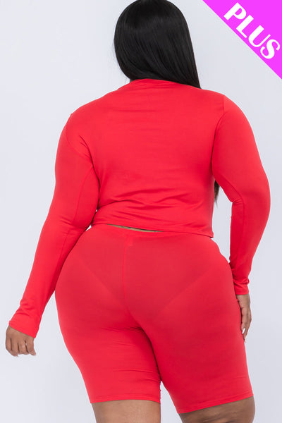 Plus Size Mock Neck Long Sleeve Top & Biker Shorts Set (collective) - 1Caribbeanmall