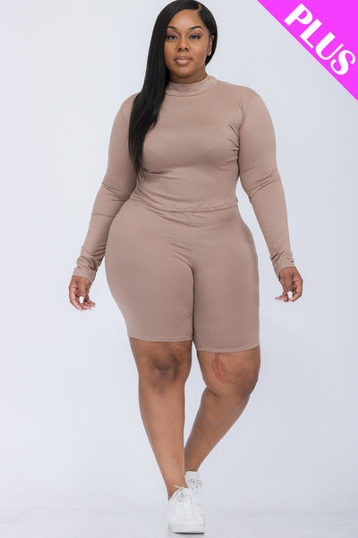 Plus Size Mock Neck Long Sleeve Top & Biker Shorts Set (collective) - 1Caribbeanmall