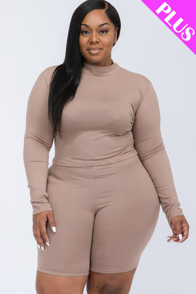 Plus Size Mock Neck Long Sleeve Top & Biker Shorts Set (collective) - 1Caribbeanmall