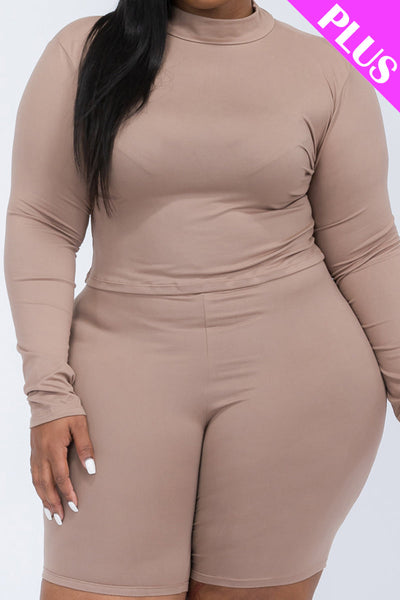 Plus Size Mock Neck Long Sleeve Top & Biker Shorts Set (collective) - 1Caribbeanmall