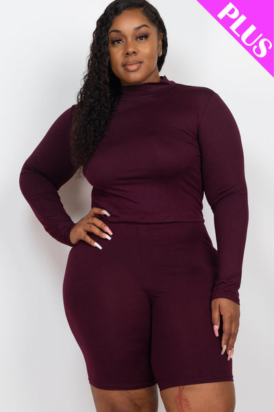 Plus Size Mock Neck Long Sleeve Top & Biker Shorts Set (collective) - 1Caribbeanmall