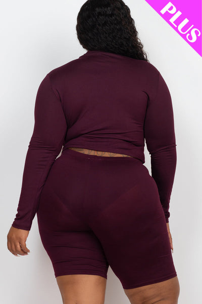 Plus Size Mock Neck Long Sleeve Top & Biker Shorts Set (collective) - 1Caribbeanmall