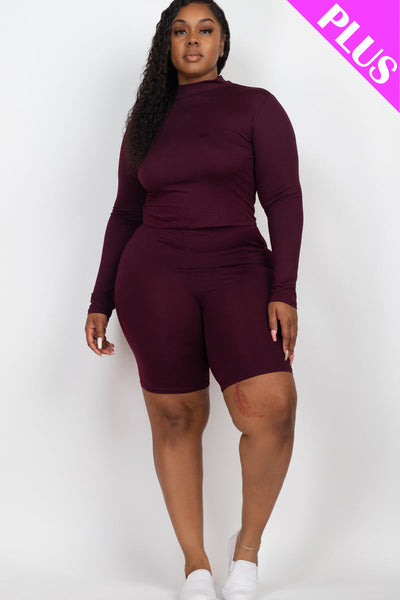 Plus Size Mock Neck Long Sleeve Top & Biker Shorts Set (collective) - 1Caribbeanmall