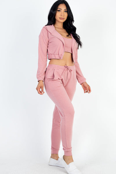 French Terry Cropped Cami with Zip-up Jacket and Joggers Set (collective) - 1Caribbeanmall