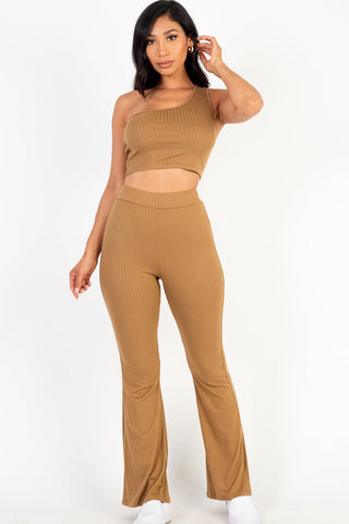 Ribbed One Shoulder Crop Top & Flared Pants Set (CAPELLA) - 1Caribbeanmall