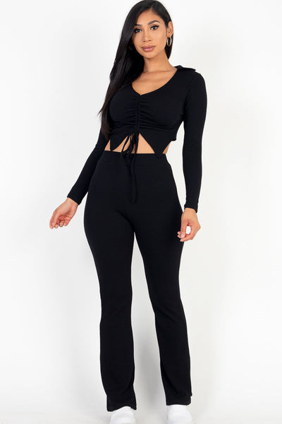 Ruched Drawstring Crop Shirt & Flare Pants Set (CAPELLA) - 1Caribbeanmall