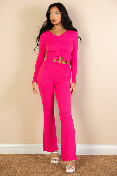 Ruched Drawstring Crop Shirt & Flare Pants Set (CAPELLA) - 1Caribbeanmall