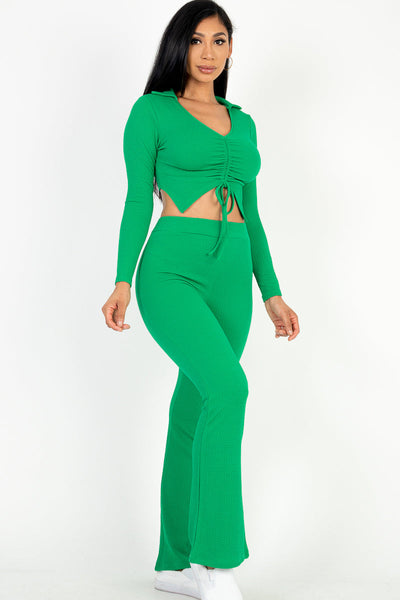 Ruched Drawstring Crop Shirt & Flare Pants Set (CAPELLA) - 1Caribbeanmall