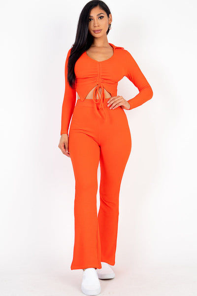 Ruched Drawstring Crop Shirt & Flare Pants Set (CAPELLA) - 1Caribbeanmall