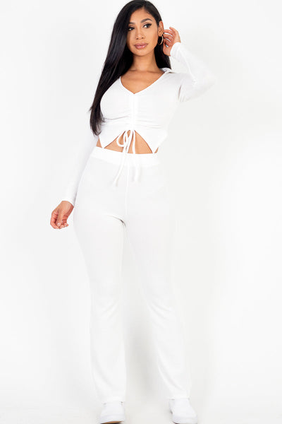 Ruched Drawstring Crop Shirt & Flare Pants Set (CAPELLA) - 1Caribbeanmall